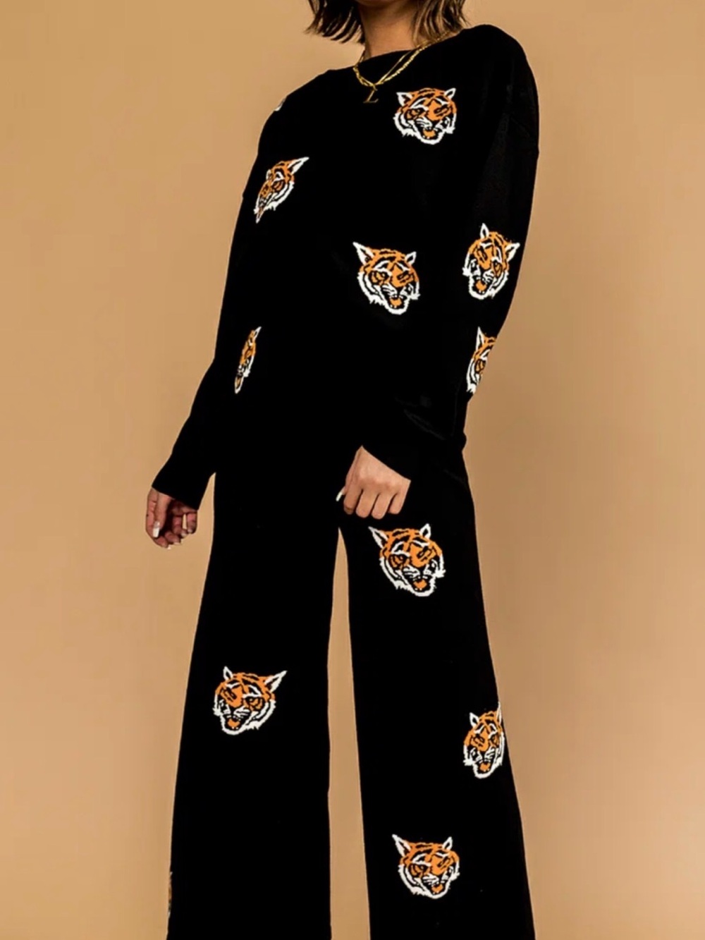 Dressed in LALA - Black Tiger Embroidered Sweater Set (Fierce Female Knit Suit)